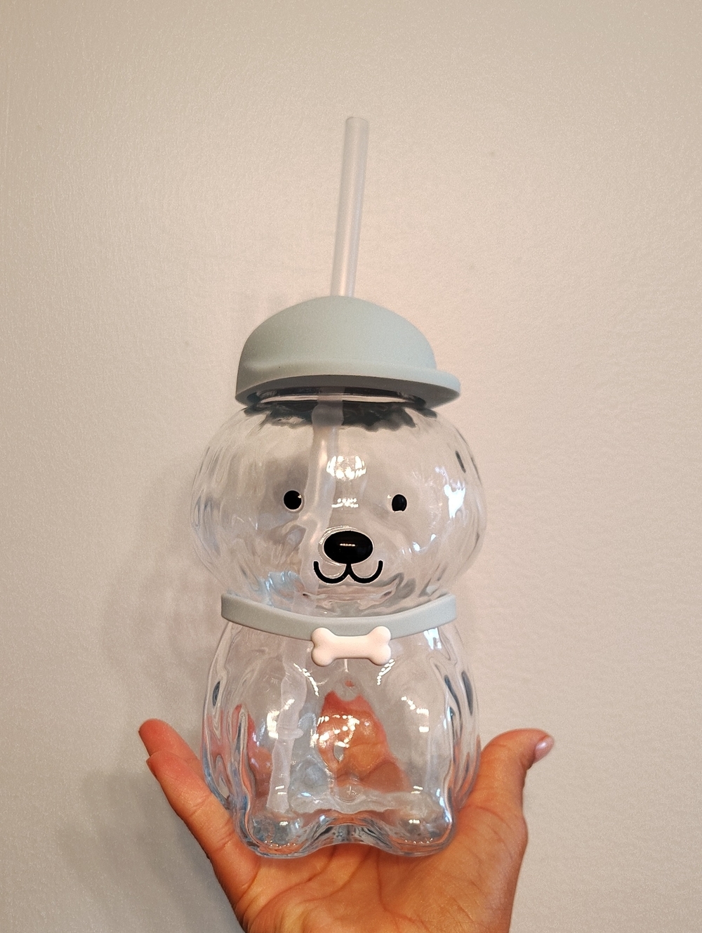 Cute Bear Shaped Clear Drink Cup with Light Blue Lid & Collar